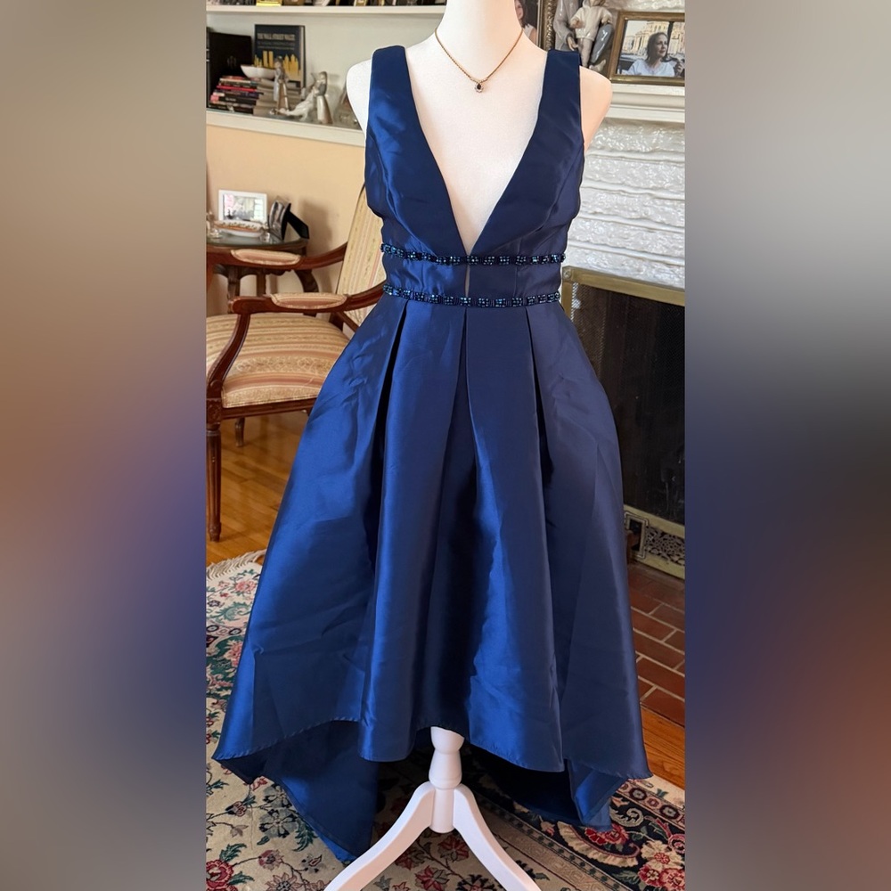Elegant Moonlight Dance Navy Blue Beaded High-Low Maxi Dress-Used once-Great Con